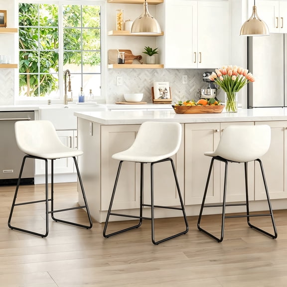 Dycanpo 24" Bar Stools Set of 3 with Back, Faux Leather, Metal Legs for Home Kitchen Island, White