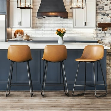 Dycanpo 24" Bar Stools Set of 3 with Back, Faux Leather for Home Kitchen Island, Whisky Brown