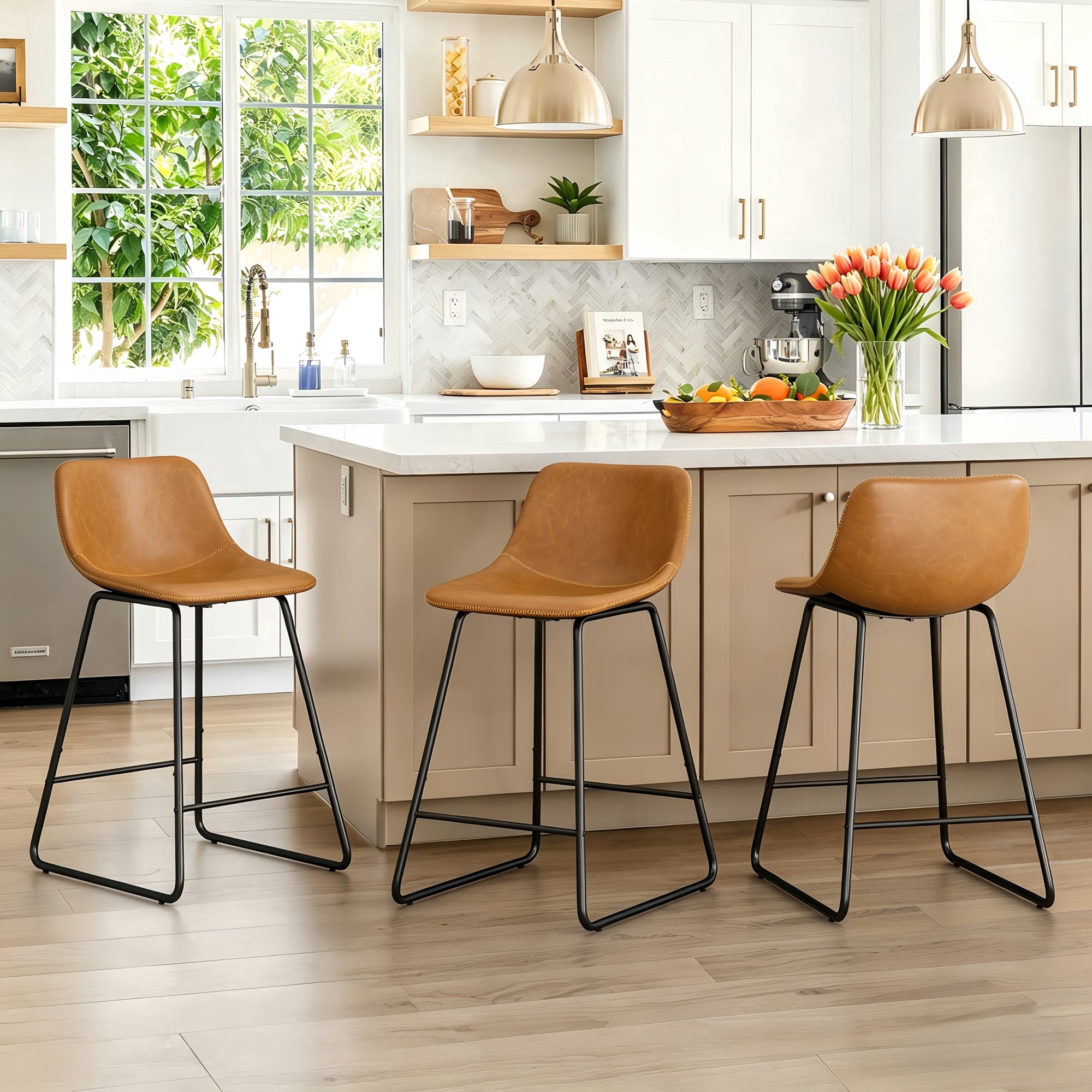 DYCANPO 24" Bar Stools Set of 3, Faux Leather, Whisky Brown, Comfortable and Durable for Kitchen Island
