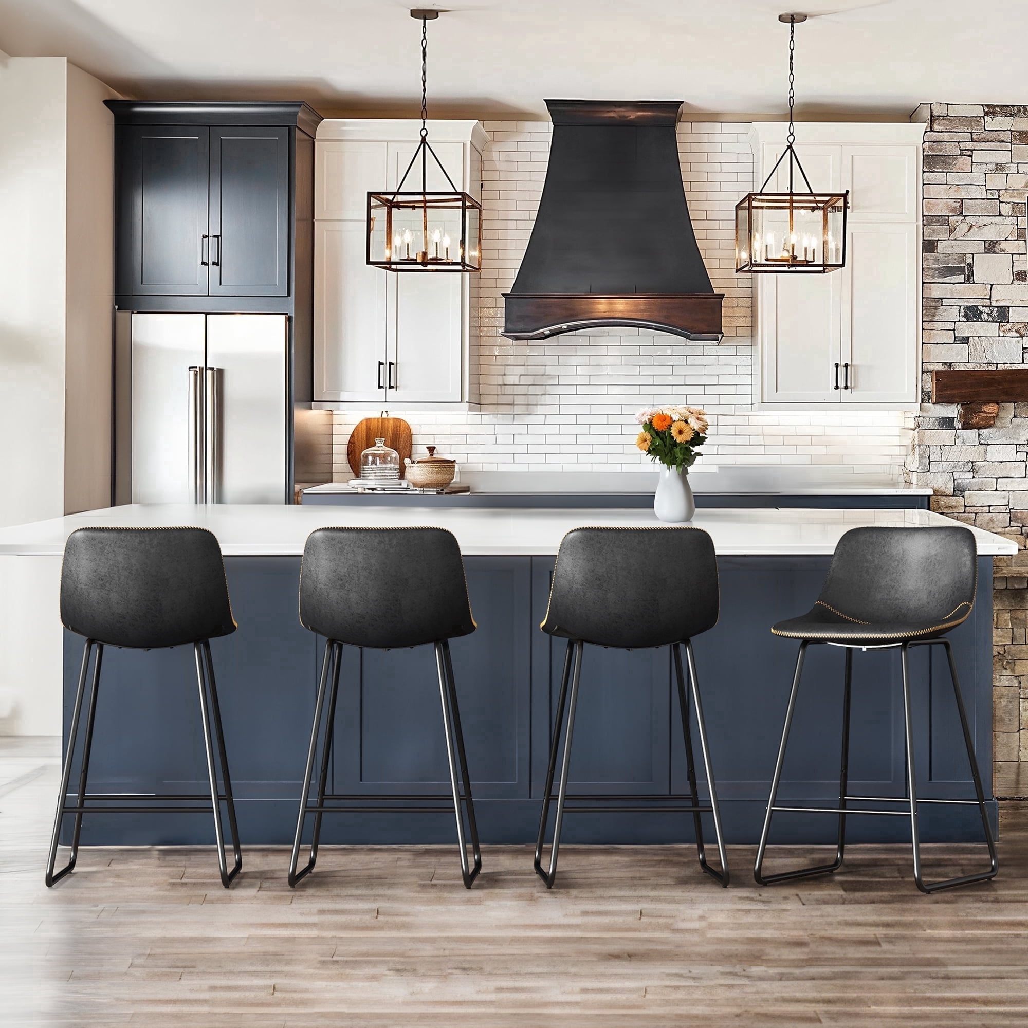 Dycanpo 24" Bar Stools Set of 4 with Back, Faux Leather, Metal Legs for Home Kitchen Island, Black