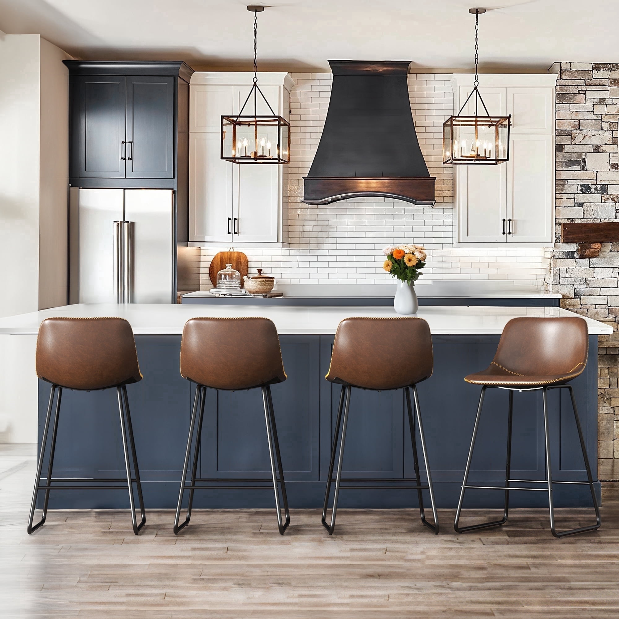 Dycanpo 24" Bar Stools Set of 4 with Back, Faux Leather, Metal Legs for Home Kitchen Island, Brown