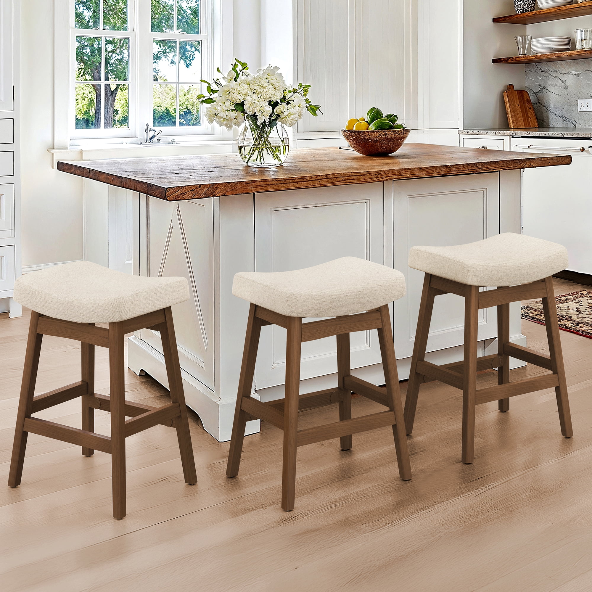 Dycanpo 24'' Counter Height Bar Stools Set of 3,Saddle Seat Bar Stools for Kitchen Dining,Linen-Fabric