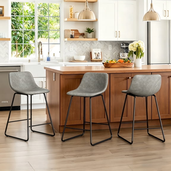 Dycanpo 24" Counter Height Bar Stools Set of 3 with Back, Faux Leather for Home Kitchen Island, Gray