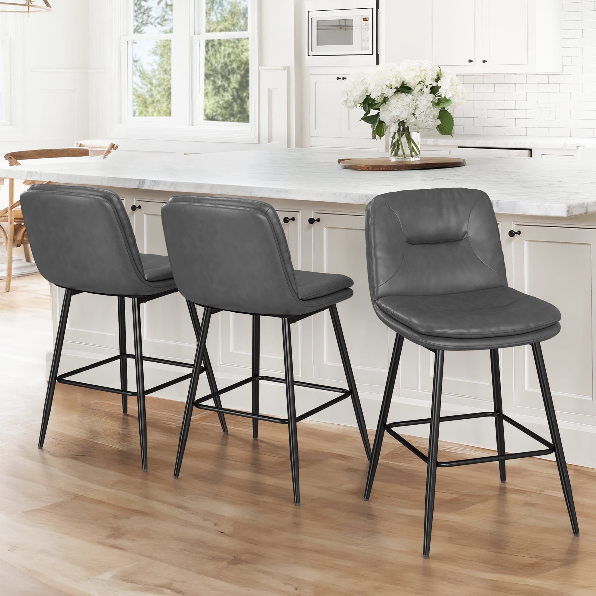 Dycanpo 24”H Bar Stools Set of 3, Double-Layer Upholstered, for Home Kitchen, Gray