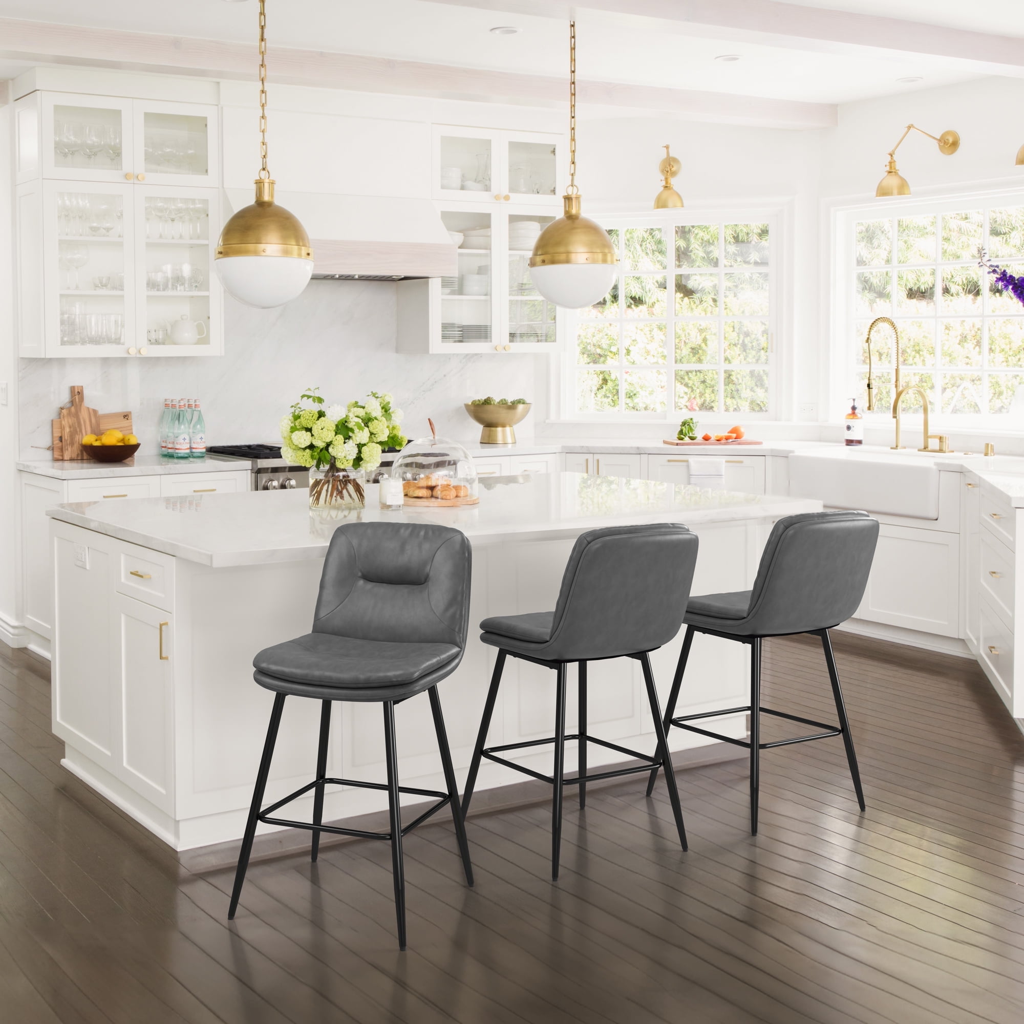 Gray Faux Leather Upholstered Counter Stools with Metal Frame, Set of 3