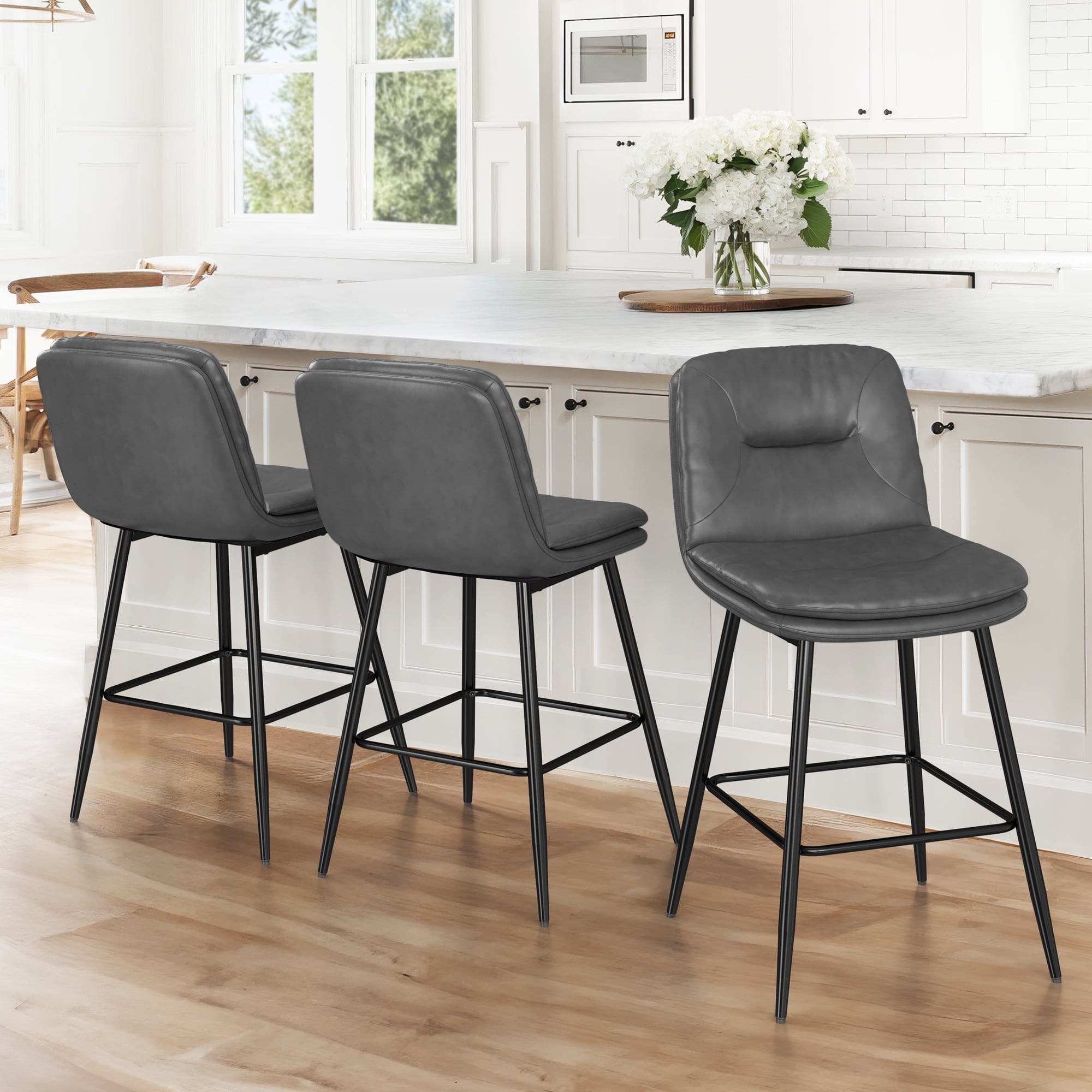 Gray Faux Leather Upholstered Counter Stools with Metal Frame, Set of 3