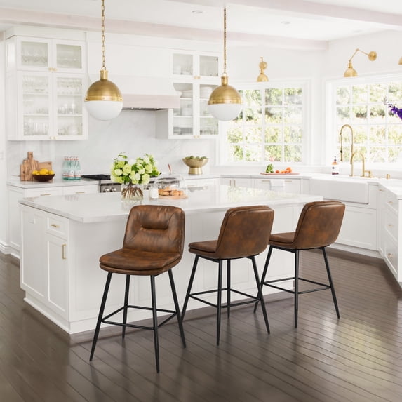 Dycanpo 24”H Bar Stools Set of 3, Double-Layer Upholstered, for Home Kitchen, Yellowish Brown