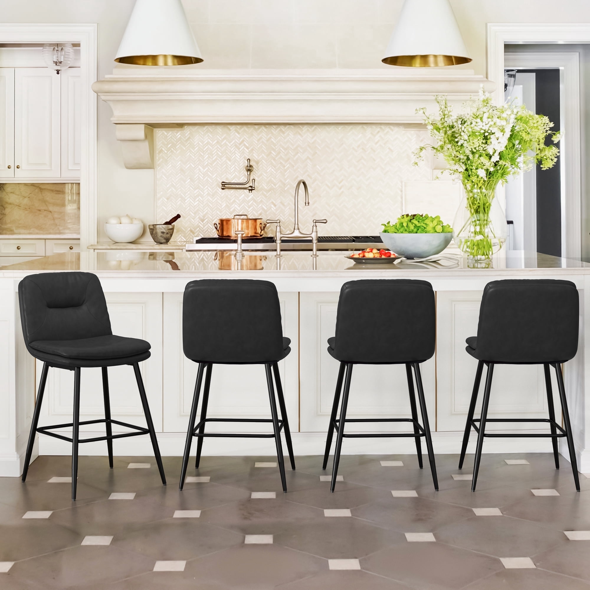 Dycanpo 24”H Bar Stools Set of 4, Double-Layer Upholstered, for Home Kitchen, Black