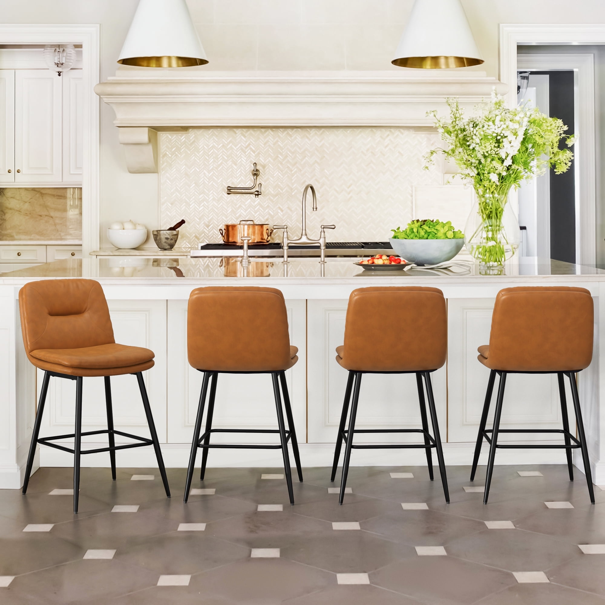 Whiskey Brown Faux Leather Counter Stools with Metal Legs, Set of 4
