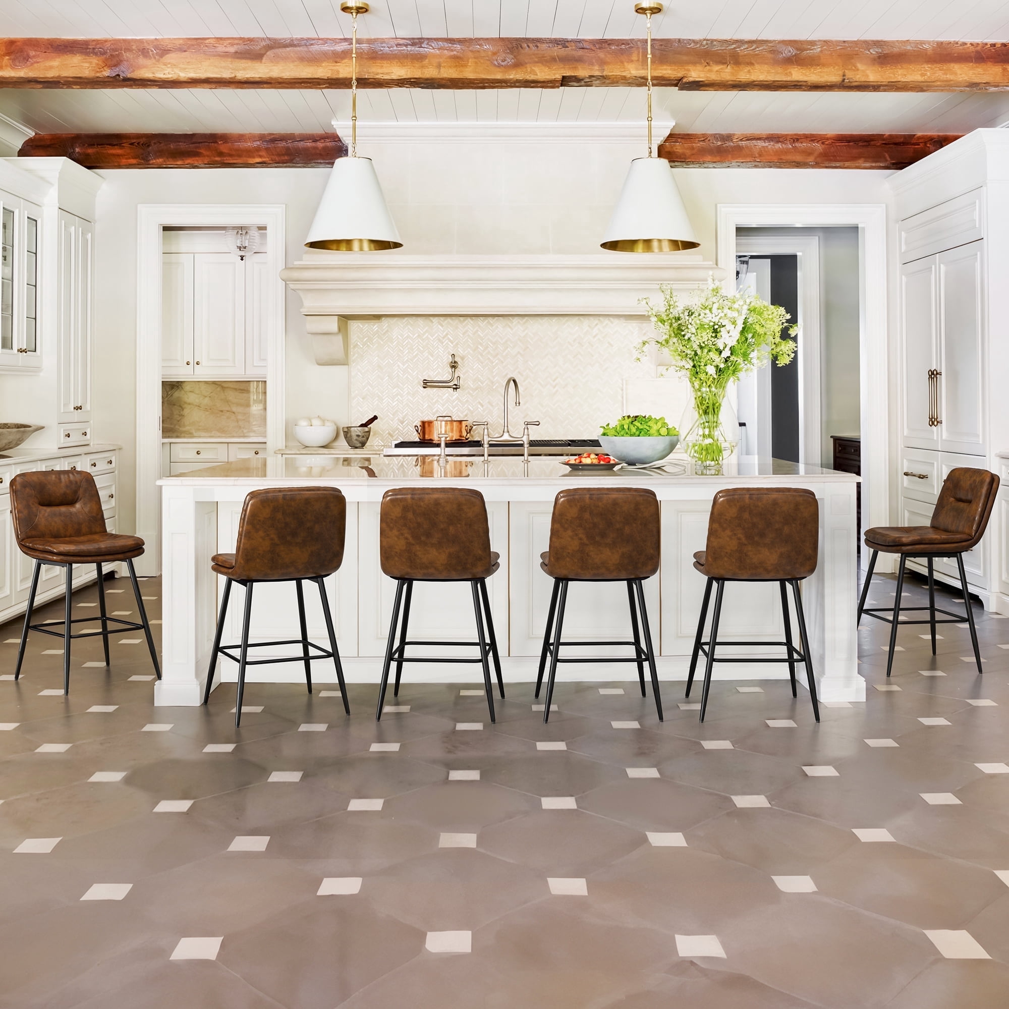 Dycanpo 24”H Bar Stools Set of 6, Double-Layer Upholstered, for Home Kitchen, Yellowish Brown