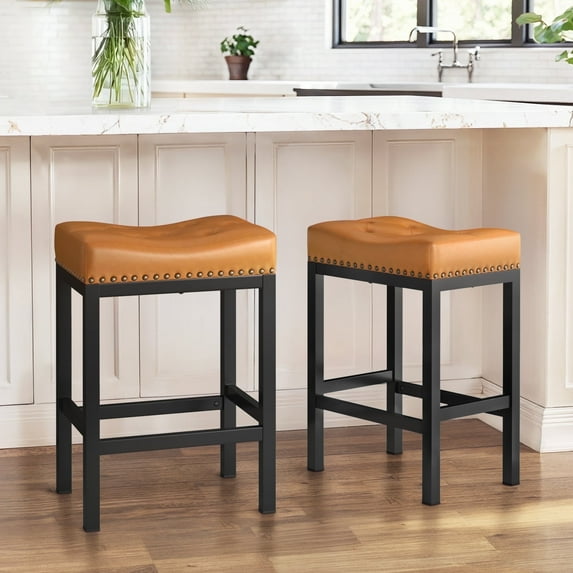 Dycanpo 24” Saddle Bar Stools Set of 2 with Modern Metal Legs, for Home Kitchen, Whiskey Brown