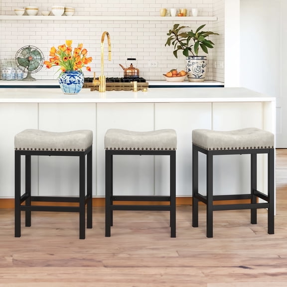 Dycanpo 24” Saddle Bar Stools Set of 3 with Modern Metal Legs, for Home Kitchen, Light Beige Gray