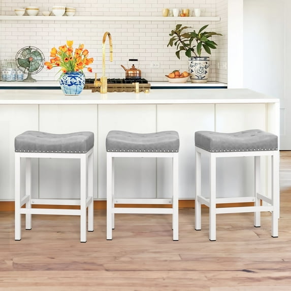 Dycanpo 24” Saddle Bar Stools Set of 3 with Modern Metal Legs, for Home Kitchen, Light Gray