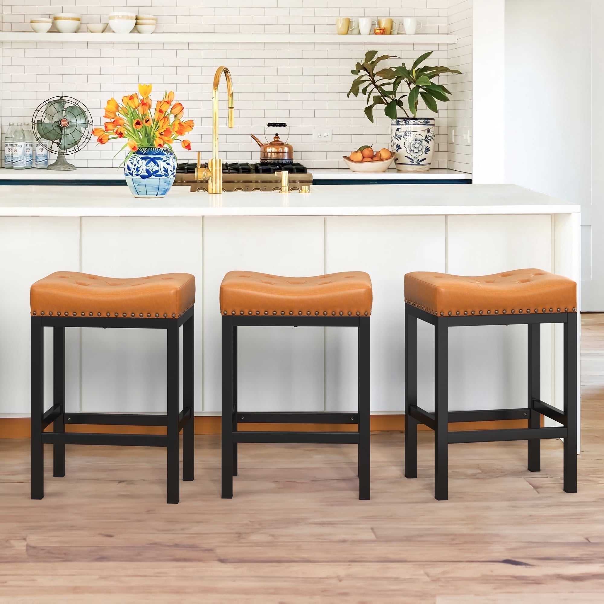Dycanpo 24” Saddle Bar Stools Set of 3 with Modern Metal Legs, for Home Kitchen, Whiskey Brown