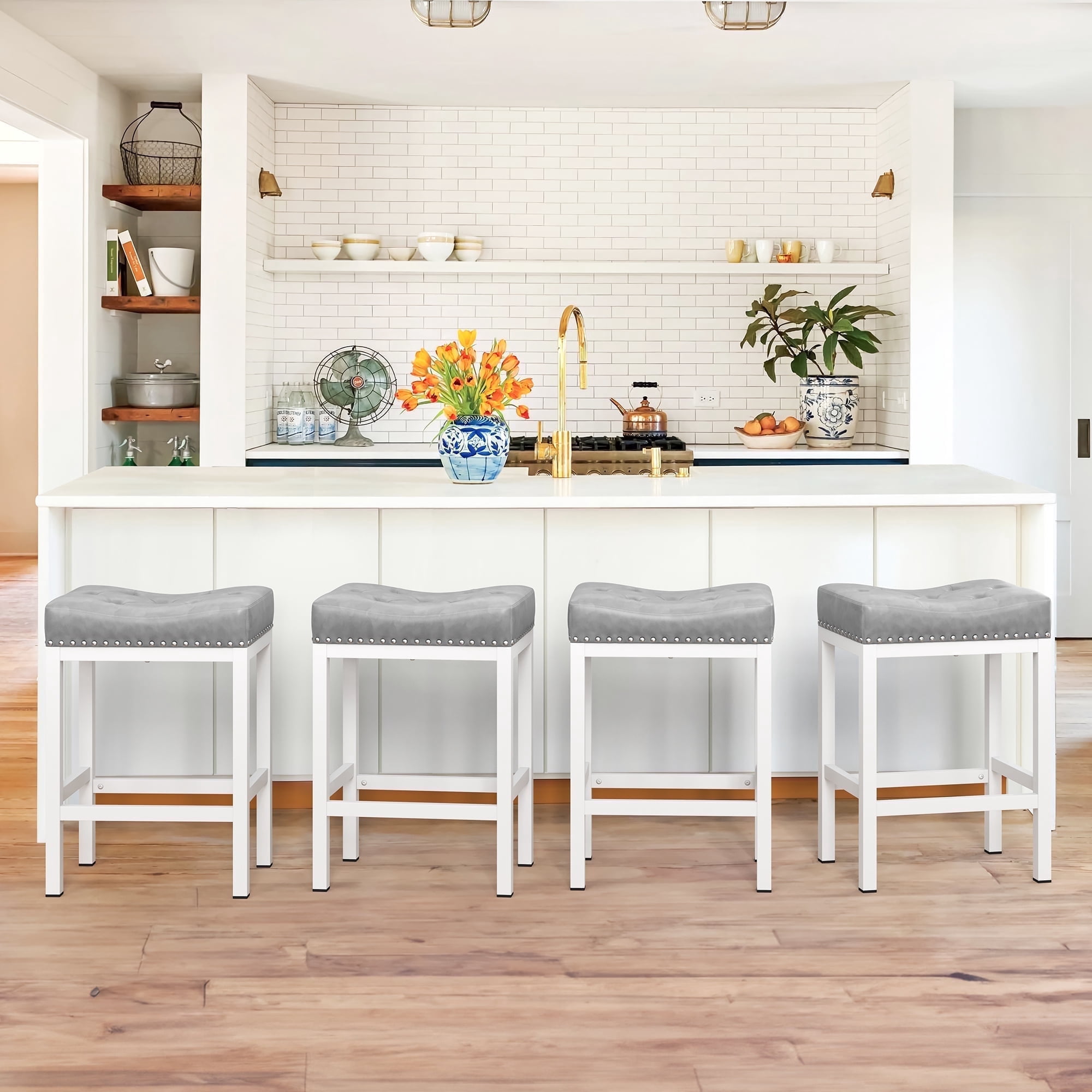 Dycanpo 24” Saddle Bar Stools Set of 4 with Modern Metal Legs, for Home Kitchen, Light Gray