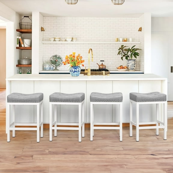 Dycanpo 24” Saddle Bar Stools Set of 4 with Modern Metal Legs, for Home Kitchen, Light Gray