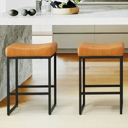 Dycanpo 24" Saddle Counter Height Bar Stools Set of 2, Modern Faux Leather, for Home Kitchen, Brown
