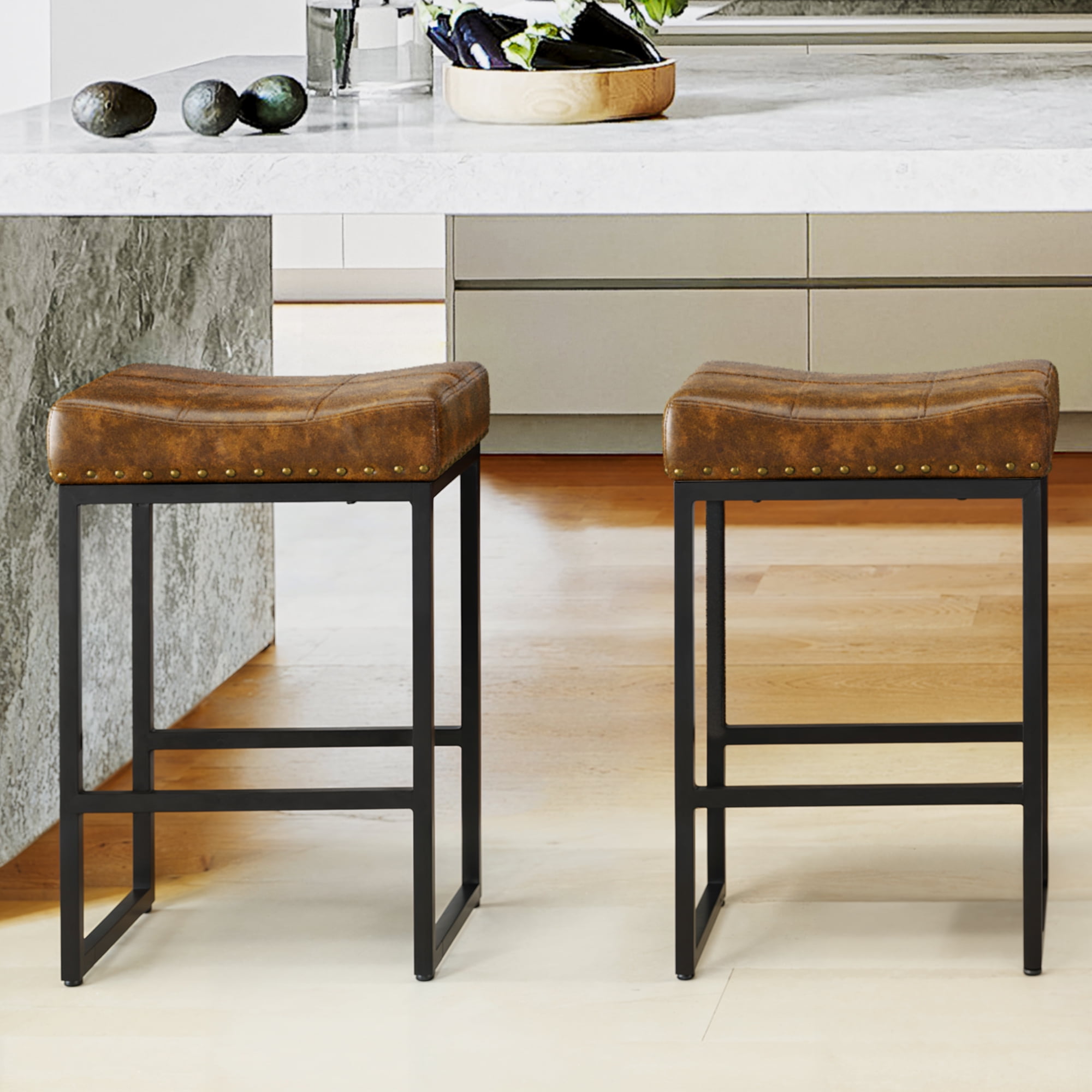 Dycanpo 24" Saddle Counter Height Bar Stools Set of 2, Modern Faux ...