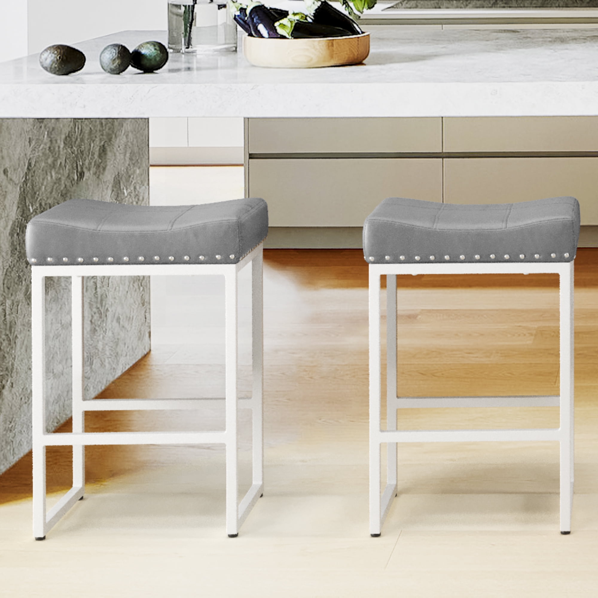 Dycanpo 24" Saddle Counter Height Bar Stools Set of 2, Modern Faux ...