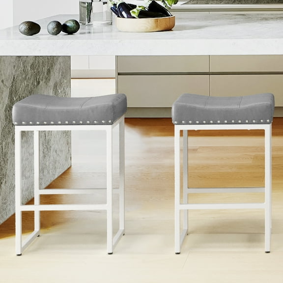 Dycanpo 24" Saddle Counter Height Bar Stools Set of 2, Modern Faux Leather, for Kitchen,Grey