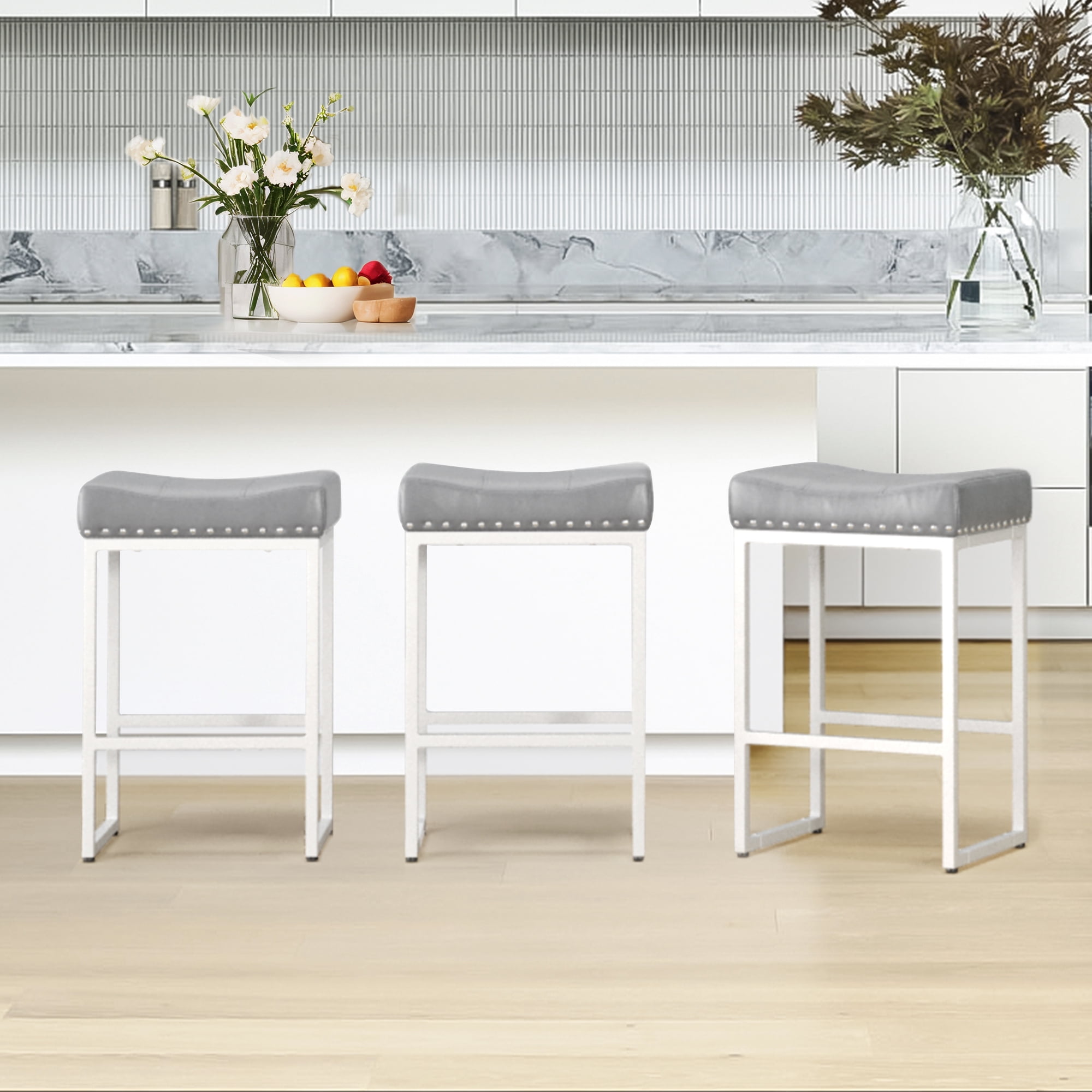 Dycanpo 24" Saddle Counter Height Bar Stools Set of 3, Modern Faux ...