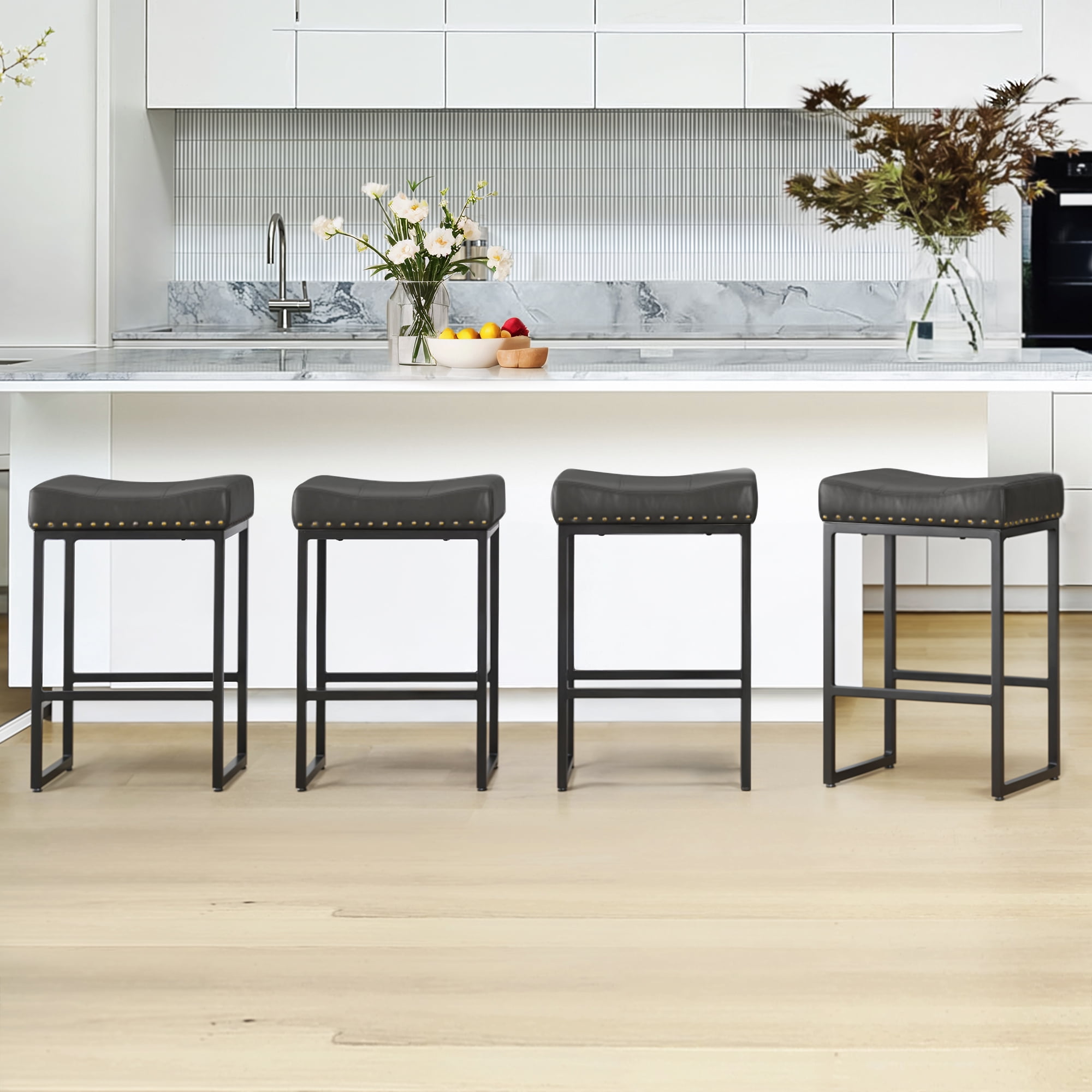 Dycanpo 24" Saddle Counter Height Bar Stools Set of 4, Modern Faux Leather, for Kitchen,Black