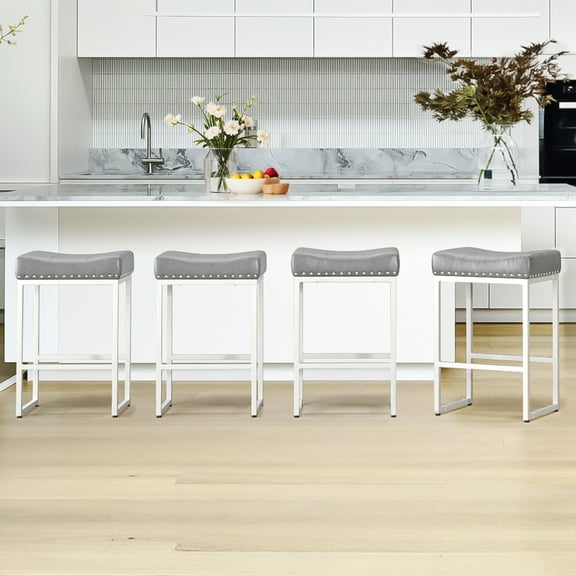 Dycanpo 24" Saddle Counter Height Bar Stools Set of 4, Modern Faux Leather, for Kitchen,Grey