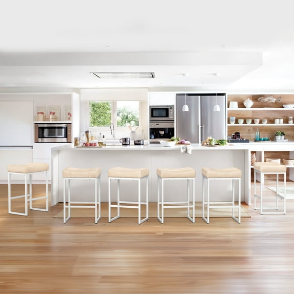 Dycanpo 24" Saddle Counter Height Bar Stools Set of 6, Modern Faux Leather, for Home Kitchen,Almond