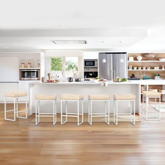 Dycanpo 24" Saddle Counter Height Bar Stools Set of 6, Modern Faux Leather, for Home Kitchen,Almond