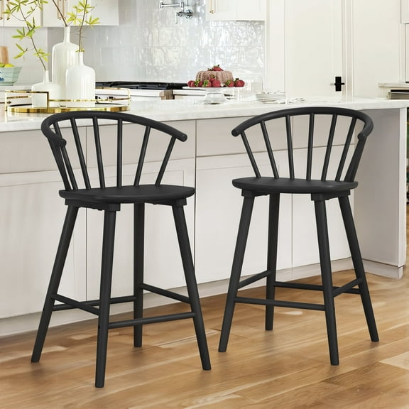 Dycanpo 24'' Wooden Bar Stools Set of 2,Counter Height Bar Stools with Backrest for Kitchen Island,Black