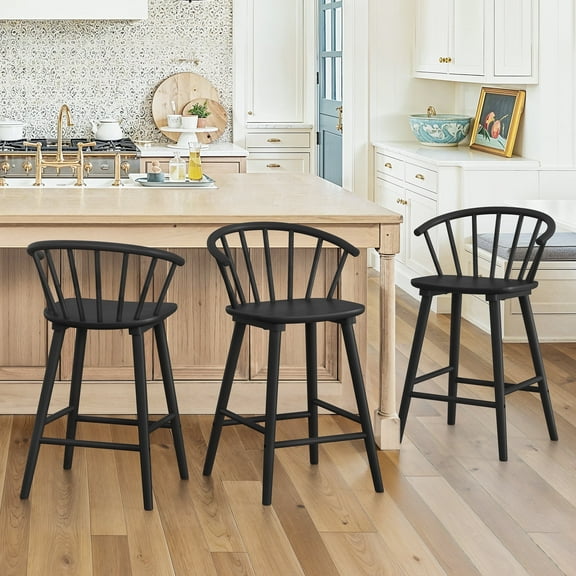 Dycanpo 24'' Wooden Bar Stools Set of 3,Counter Height Bar Stools with Backrest for Kitchen Island,Black
