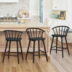 Dycanpo 24'' Wooden Bar Stools Set of 3,Counter Height Bar Stools with Backrest for Kitchen Island,Black