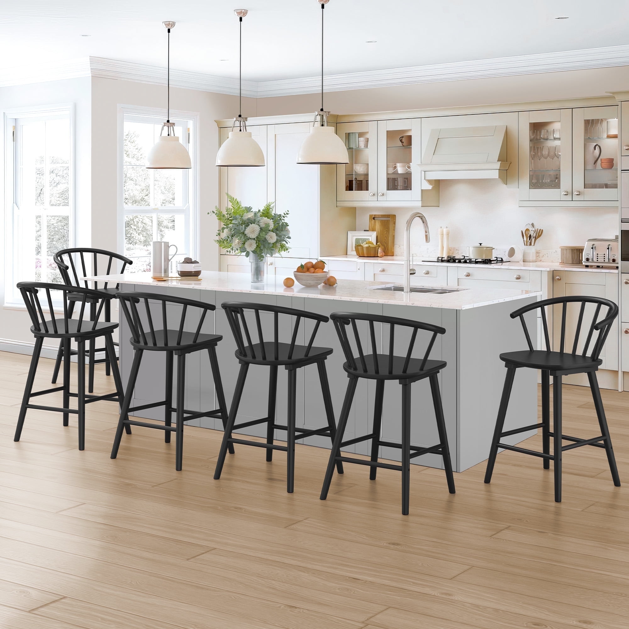 Dycanpo 24'' Wooden Bar Stools Set of 6,Counter Height Bar Stools with Backrest for Kitchen Island,Black