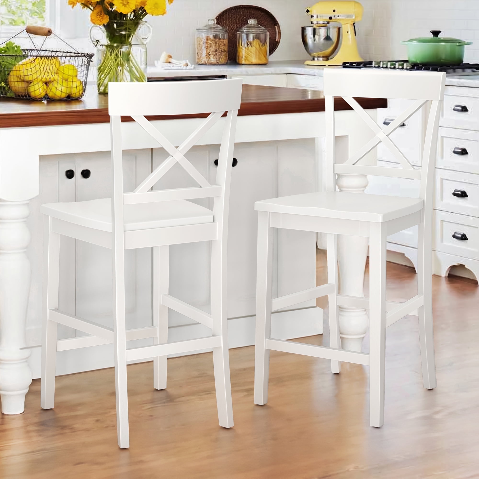 White Wood X-Back Counter Height Bar Stools Set of 2