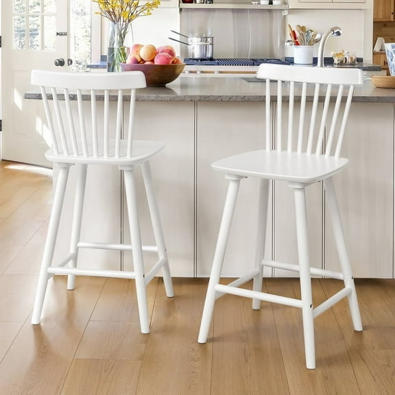 Dycanpo 24'' Windsor Wooden Counter Height Chairs Set of 2, Upgraded Farmhouse Bar Stools with Spinddle Back for Kitchen,White