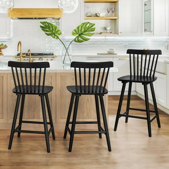 Dycanpo 24'' Windsor Wooden Counter Height Chairs Set of 3, Upgraded Farmhouse Bar Stools with Spinddle Back for Kitchen,Black