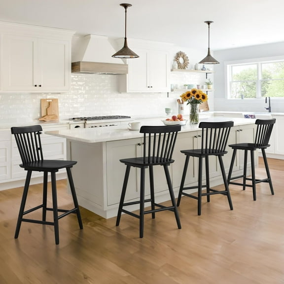 Dycanpo 24'' Windsor Wooden Counter Height Chairs Set of 4, Upgraded Farmhouse Bar Stools with Spinddle Back for Kitchen,Black