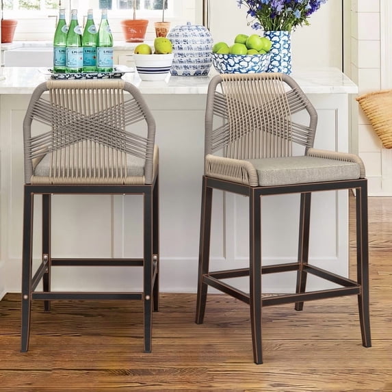 Dycanpo 26.5''H Counter Height Bar Stools Set of 2, Boho-Style Rattan Chairs - Black