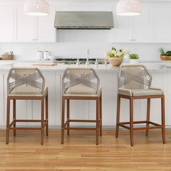 Dycanpo 26.5''H Counter Height Bar Stools Set of 3, Boho-Style Rattan Chairs - Red Brown