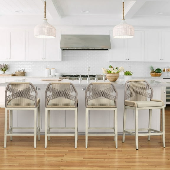 Dycanpo 26.5''H Counter Height Bar Stools Set of 4, Boho-Style Rattan Chairs - Cream