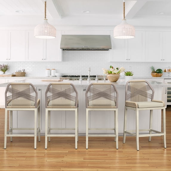 Dycanpo 26.5''H Counter Height Bar Stools Set of 4, Boho-Style Rattan Chairs - Cream