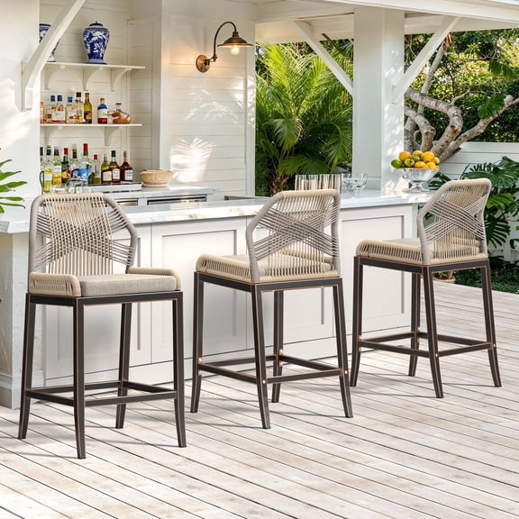 Dycanpo 26.5''H Outdoor Counter Height Chairs, Boho-Style Rattan Bar Stools Set of 3, Black