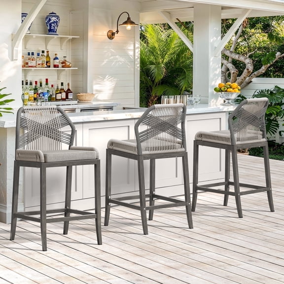 Dycanpo 26.5''H Outdoor Counter Height Chairs, Boho-Style Rattan Bar Stools Set of 3, Slate Gray