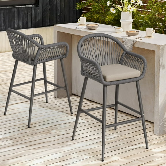 Dycanpo 26.8" Outdoor Bar Stools Set of 2, Boho Rattan Counter Height Chair with Woven Rope, Slate Gray