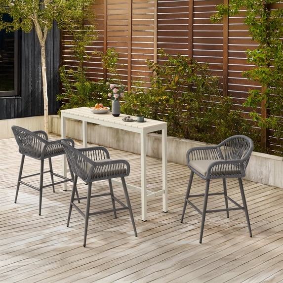 Dycanpo 26.8" Outdoor Bar Stools Set of 3, Boho Rattan Counter Height Chair with Woven Rope, Slate Gray