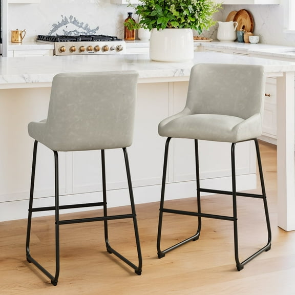 Dycanpo 26”Bar Stools, 2.5'' thick Padding, Faux Leather Upholstered Bar Stools Set of 2 for Kitchen Counter Island,Beige Gray