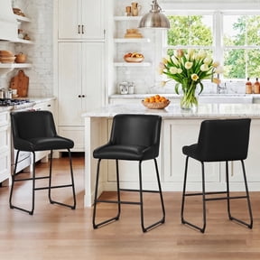Dycanpo Counter Height Bar Stools Set of 3, Faux Leather Kitchen Island Stools, 26 inch Black