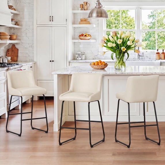 Dycanpo 26" Counter Height Bar Stools Set of 3, Faux Leather 2.5" Cushion, Ivory
