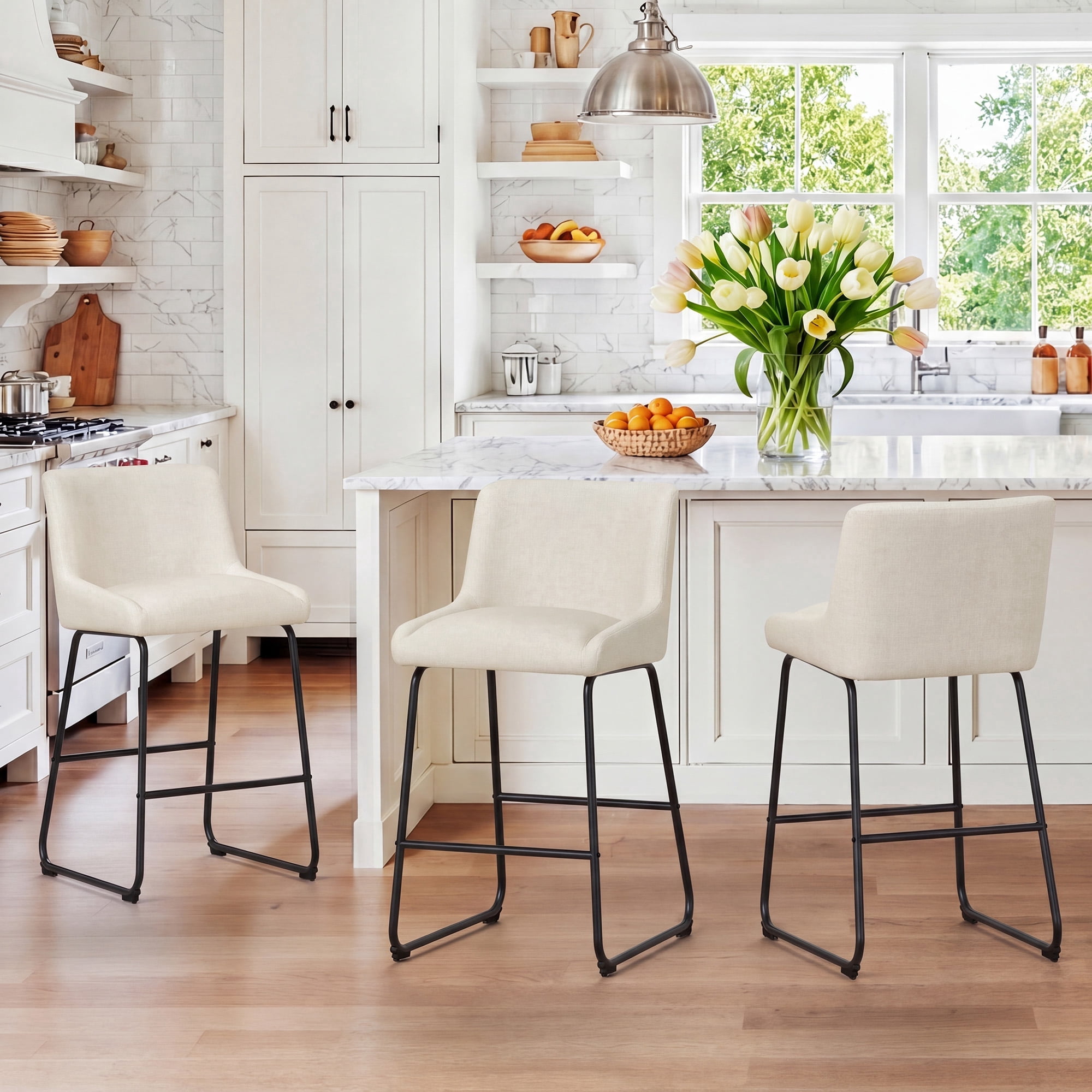 Dycanpo 26" Counter Height Bar Stools Set 3, Linen Fabric 2.5" Cushion, Linen Color