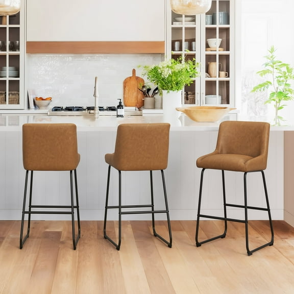 Dycanpo 26”Bar Stools,2.5'' thick padding, Faux Leather Upholstered Bar Stools Set of 3 for Kitchen Counter Island，Whiskey Brown